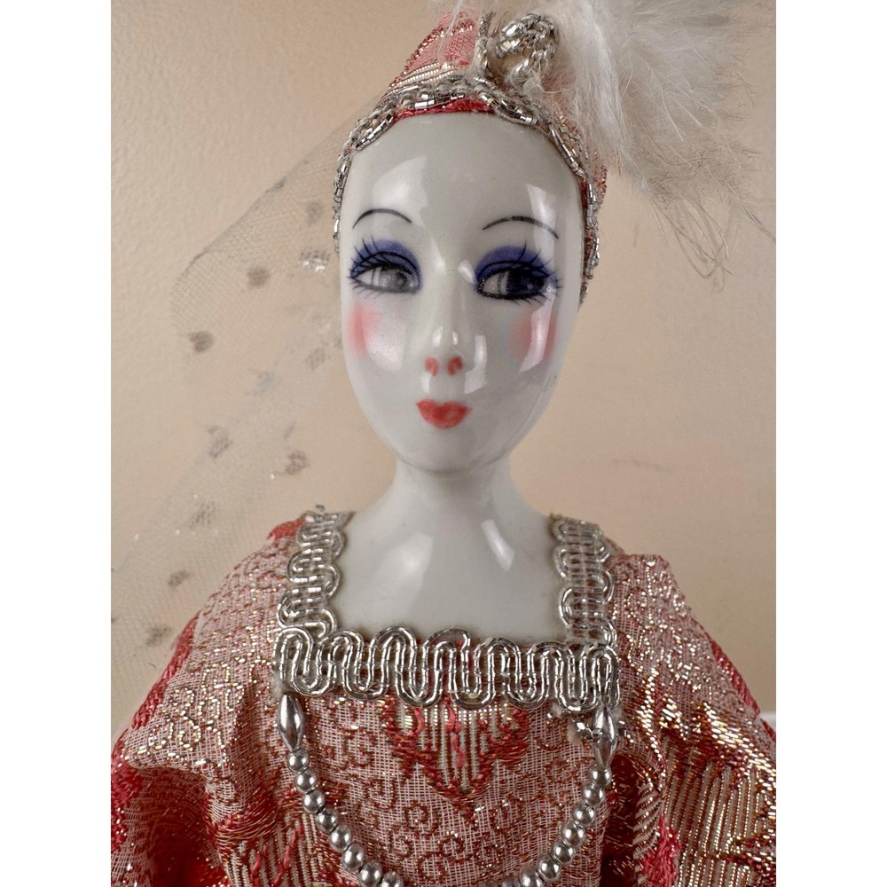 J and J Design Hand Painted Porcelain Doll Pink Gold Brocade High Fashion 15.5in